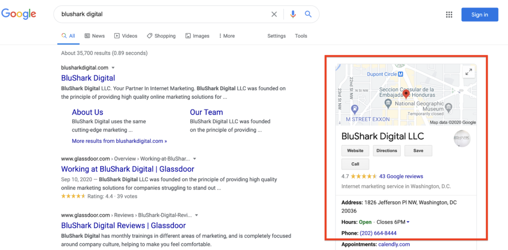 blushark digital's google my business profile