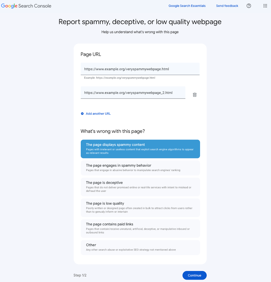 a screenshot of the Google search quality report form